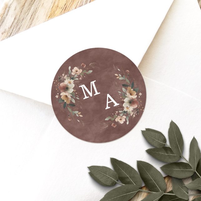 Rustic Garnet Red Floral Wreath Wedding Monogram Classic Round Sticker (Seal your wedding details with love using our custom monogram stickers, tailored for elegance.)