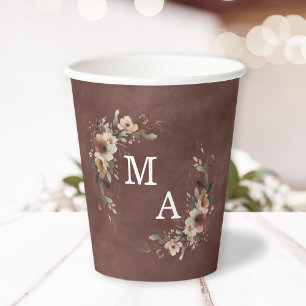 Rustic Garnet Red Floral Wreath Wedding Monogram Paper Cups