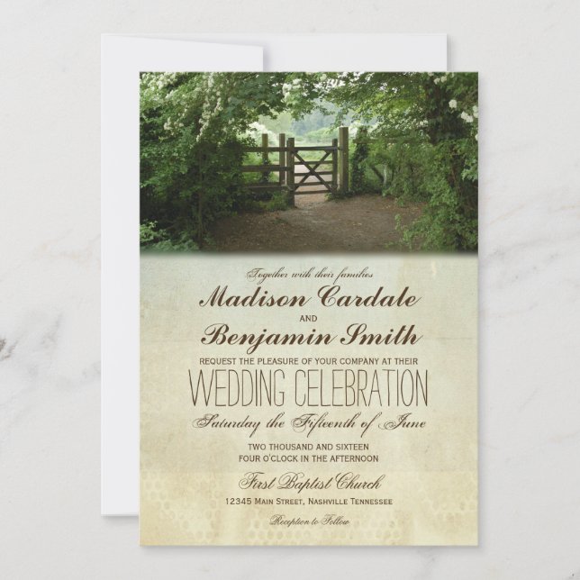 Rustic Gate Nature Trail Country Wedding Invites (Front)