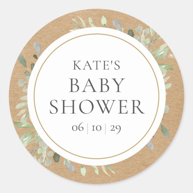 Rustic Gender Neutral Shower Watercolour Greenery Classic Round Sticker (Front)
