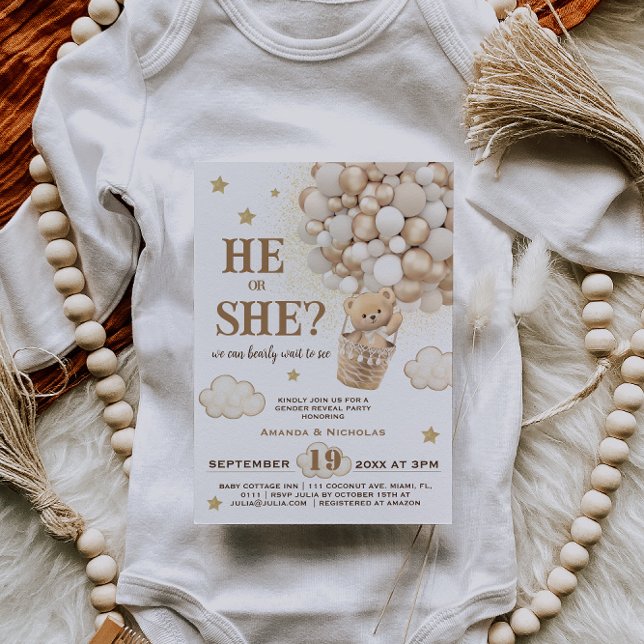Rustic Gender Reveal Teddy Bear Balloons Invitation (Creator Uploaded)