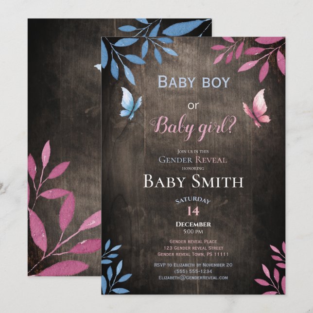 Rustic gender reveal watercolor floral invitation (Front/Back)