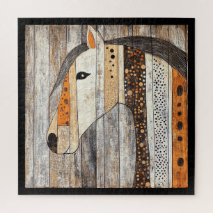 Rustic Geometric Boho Wood Grain Horse Jigsaw Puzzle