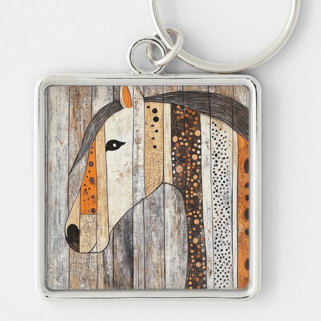 Rustic Geometric Boho Wood Grain Horse Key Ring (Front)