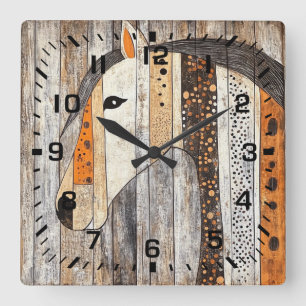 Rustic Geometric Boho Wood Grain Horse Square Wall Clock