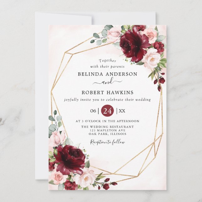 Rustic Geometric Burgundy Blush Floral Wedding Invitation (Front)