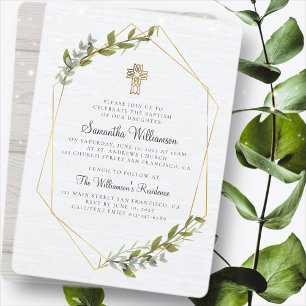 Rustic Geometric Floral Cross Baptism Invitation