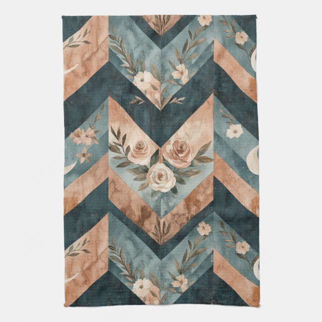 Rustic Geometric Floral with Crescent Moons Tea Towel (Vertical)