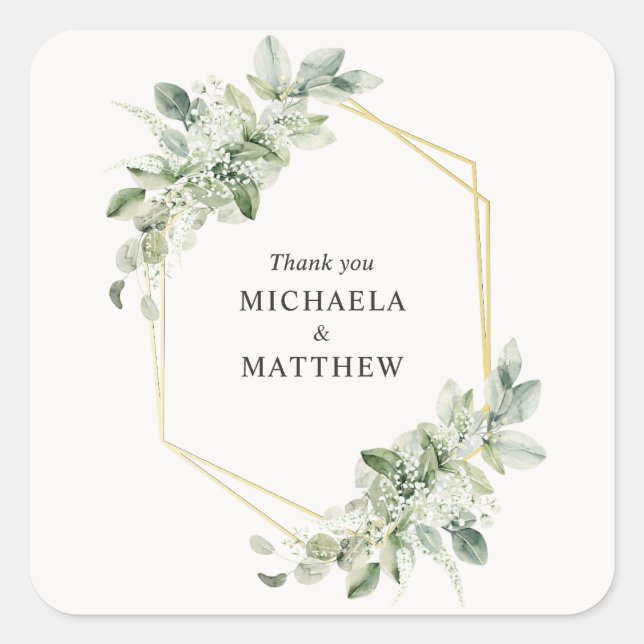 Rustic Geometric Green Faux Gold Wedding Favour Square Sticker (Front)
