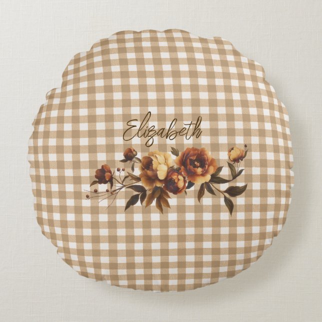 Rustic Gingham Autumn Floral Personalised  Round Cushion (Front)