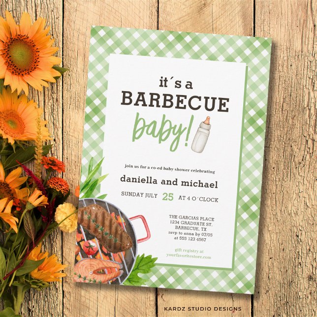 Rustic Gingham Barbecue Baby Shower Invitation (The front and back of the invitation are shown at a 5x7 inch. Choose size, paper, + corner style.)
