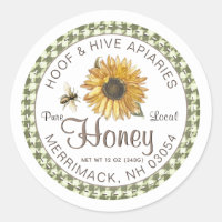 Rustic Gingham Border Sunflower Bee Honey Label