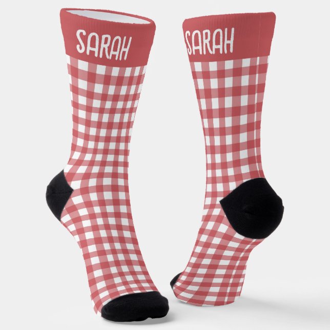 Rustic Gingham Custom Name on Red and White Plaid Socks (Angled)
