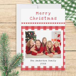 Rustic Gingham Family Photo Red White Christmas Holiday Card