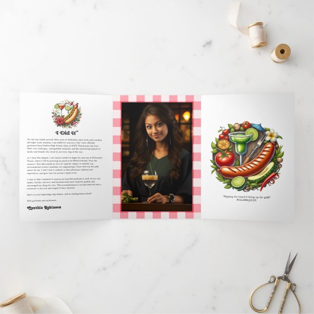 Rustic Gingham & Grill Theme BBQ Graduation Tri-Fold Invitation (Inside)