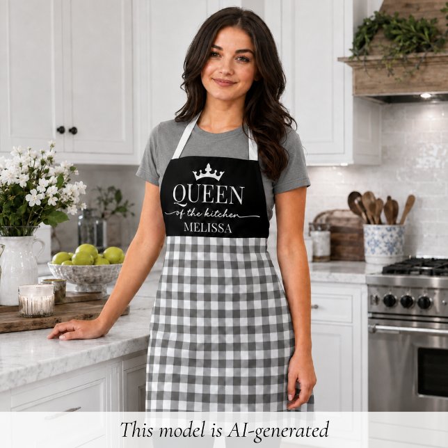 Rustic Gingham Queen of the Kitchen Apron (elegant black and white gingham Queen of the Kitchen apron, christmas or birthday gift for mom)
