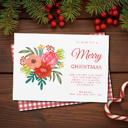 Rustic Gingham Watercolour Florals Merry Christmas Holiday Card