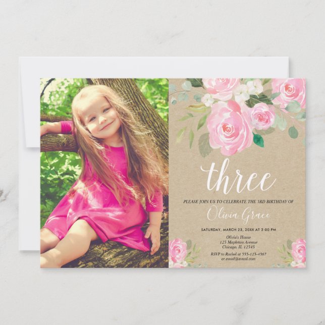 Rustic girl 3rd birthday pink white birthday invitation (Front)