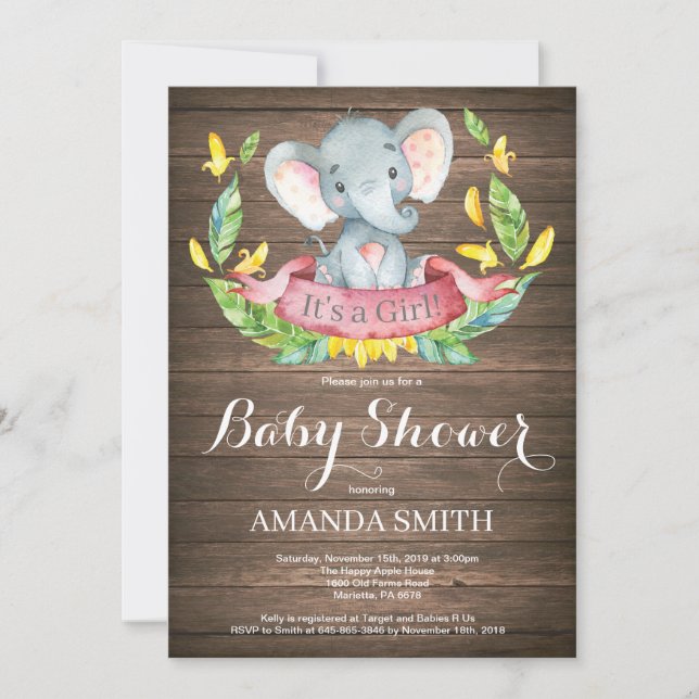 Rustic Girl Elephant Baby Shower Invitation (Front)