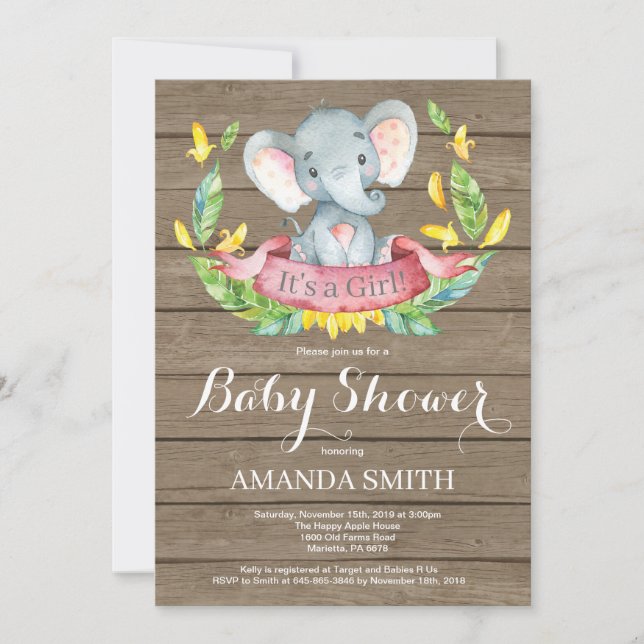 Rustic Girl Elephant Baby Shower Invitation (Front)