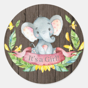 Rustic Girl Elephant Baby Shower Pink Classic Round Sticker