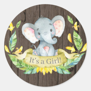 Rustic Girl Elephant Baby Shower Yellow Classic Round Sticker