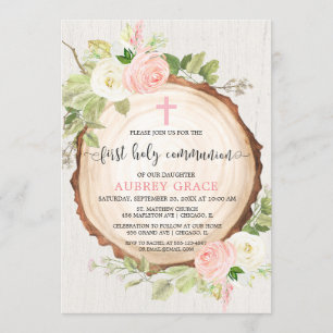 Rustic girl first communion woodland blush pink invitation