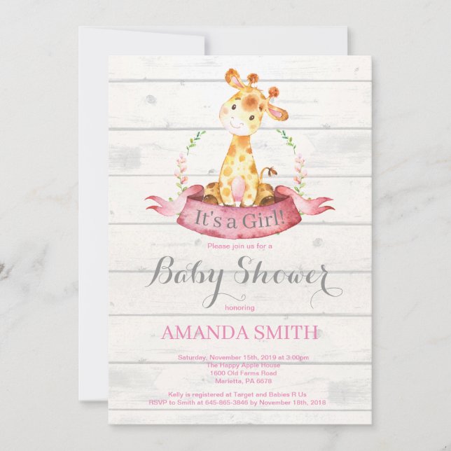 Rustic Girl Giraffe Baby Shower Invitation Pink (Front)
