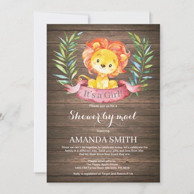 Rustic Girl Lion Baby Shower by Mail Invitation (Front)