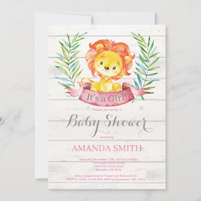 Rustic Girl Lion Baby Shower Invitation Pink (Front)