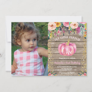 Rustic Girl Pumpkin First Birthday Floral Gold Invitation