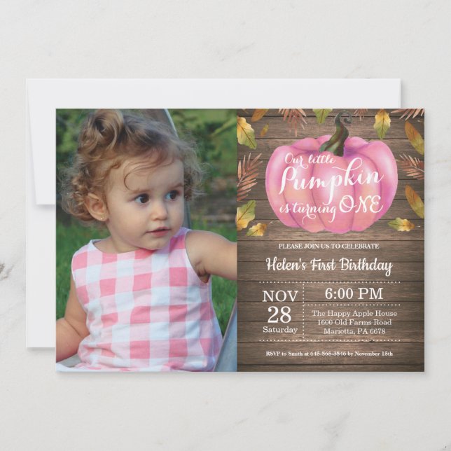 Rustic Girl Pumpkin First Birthday Invitation Pink (Front)