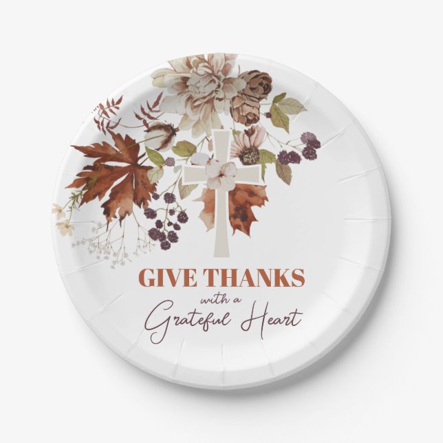 Rustic Give Thanks Fall Floral Paper Plate (Front)