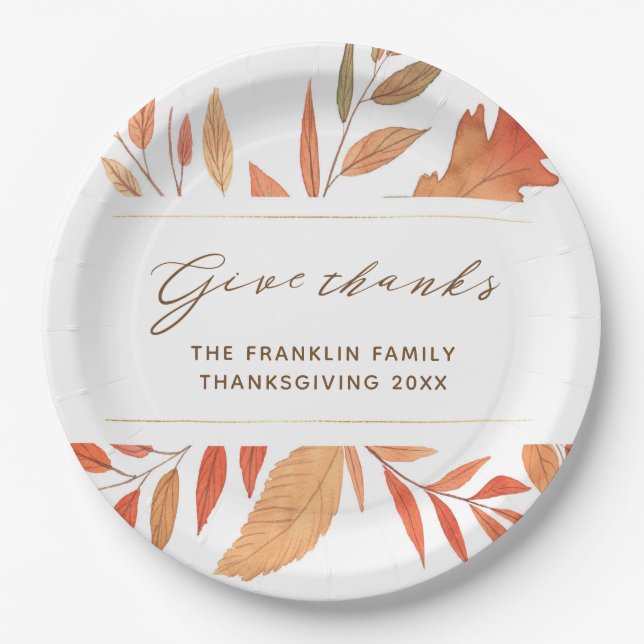 Rustic Give Thanks Fall Leaves Thanksgiving Paper Plate (Front)