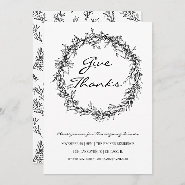 Rustic Give Thanks Thanksgiving Dinner Invitation (Front/Back)