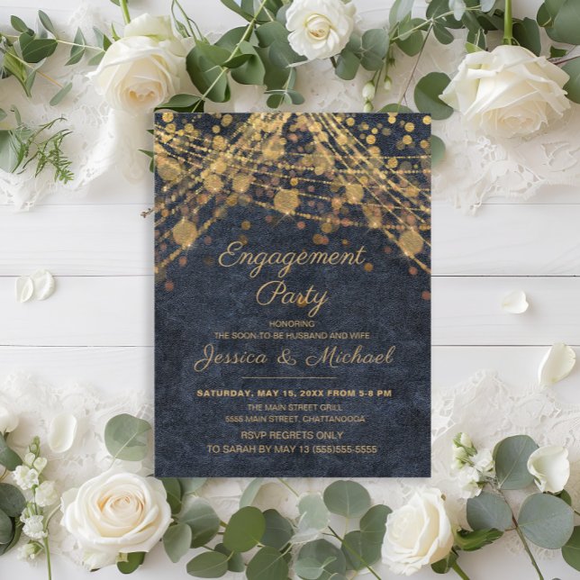 Rustic Glam Blue Gold String LIghts Engagement  Postcard (Rustic navy blue Engagement party invitation with gold string lights.)