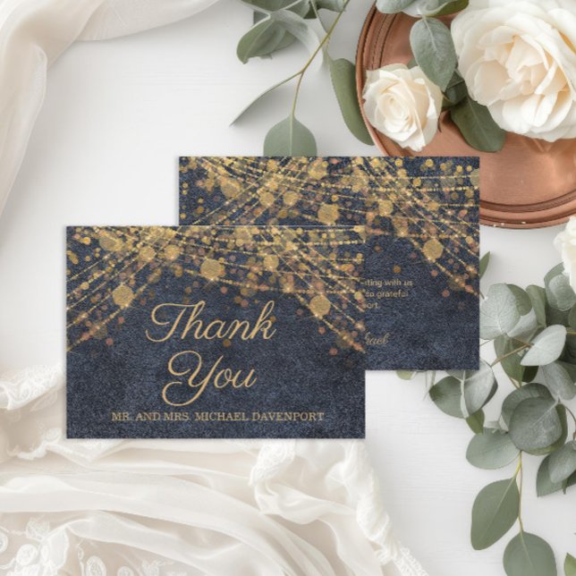 Rustic Glam Blue Gold String Lights Wedding  Thank You Card (Rustic chic navy blue and gold string lights wedding Thank You card)