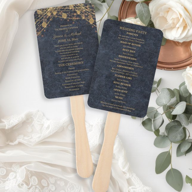 Rustic Glam Blue Gold Wedding Program Hand Fan (Rustic glam navy blue and gold string lights wedding program hand fans printed on front and back)