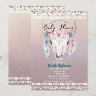 Rustic Glam Boho Floral Cow Skull Baby Shower Invitation