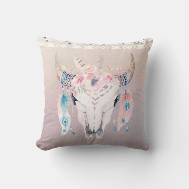 Rustic Glam Boho Floral Cow Skull & Feathers Cushion (Front)
