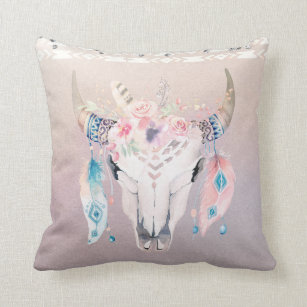 Rustic Glam Boho Floral Cow Skull & Feathers Cushion