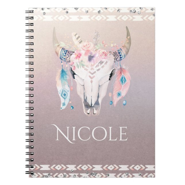 Rustic Glam Boho Floral Cow Skull Iridescent Spiral Notebook (Front)