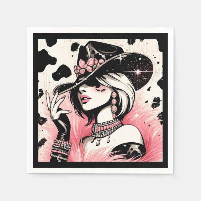 Rustic Glam Cowgirl Pink Sparkle Cowhide Birthday  Napkin (Front)
