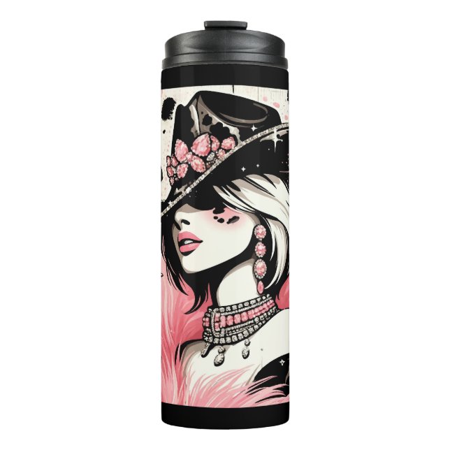 Rustic Glam Cowgirl Pink Sparkle Cowhide Print Thermal Tumbler (Front)