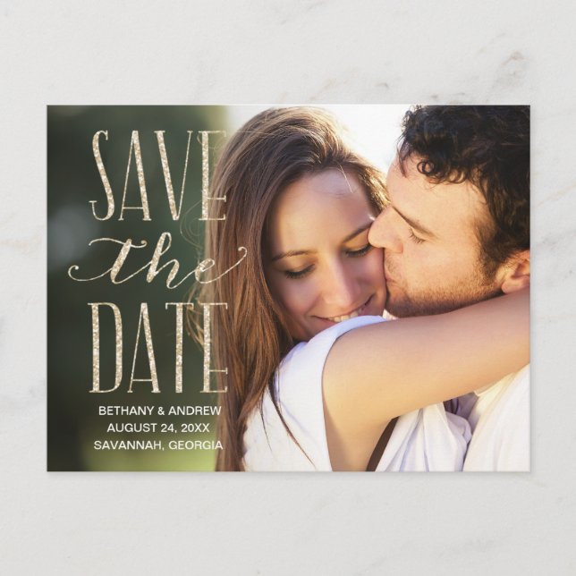 Rustic Glam Lettering Photo Save the Date Announcement Postcard (Front)