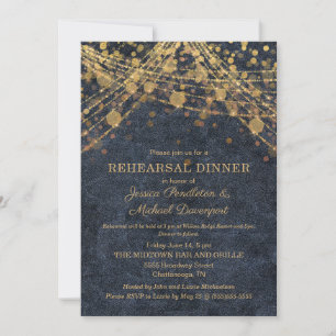 Rustic Glam Navy Blue Gold String Lights Rehearsal Invitation