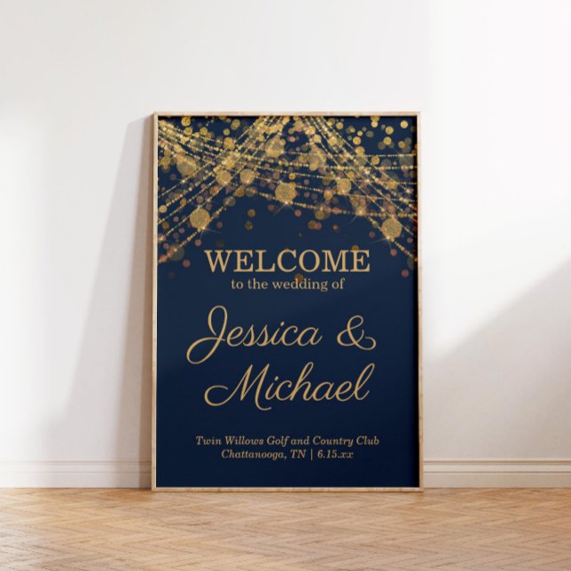 Rustic Glam Navy Blue Gold Wedding Welcome Poster (Rustic glam navy blue and gold string light wedding welcome poster)