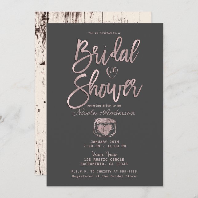 Rustic Glam Rose Gold Pink Grey Bridal Shower  Invitation (Front/Back)