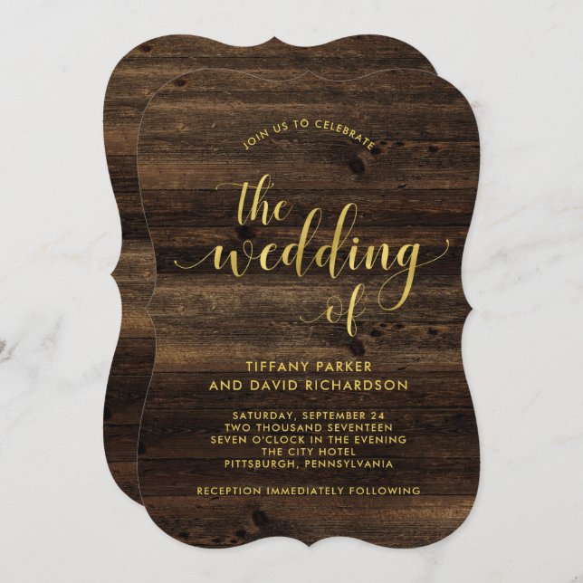 Rustic Glam | Wood and Faux Gold Look Wedding Invitation (Front/Back)