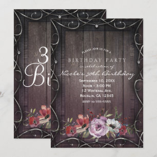 Rustic Glamour Barn Wood & Floral Birthday Party Invitation